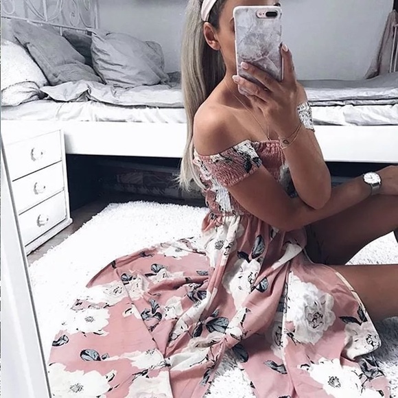 Just Like Friday Dresses & Skirts - Boho dust pink floral print off shoulder dress